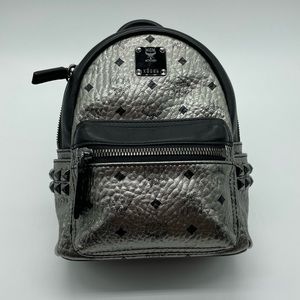MCM Mini Stark Silver Black Leather Backpack